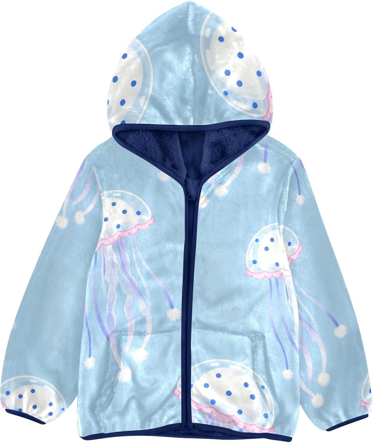 Cute Blue Jellyfish Boys Zip Sweatshirt Boys Winter Coats Plush Lined Navy Blue Trendy Baby Boys Clothes