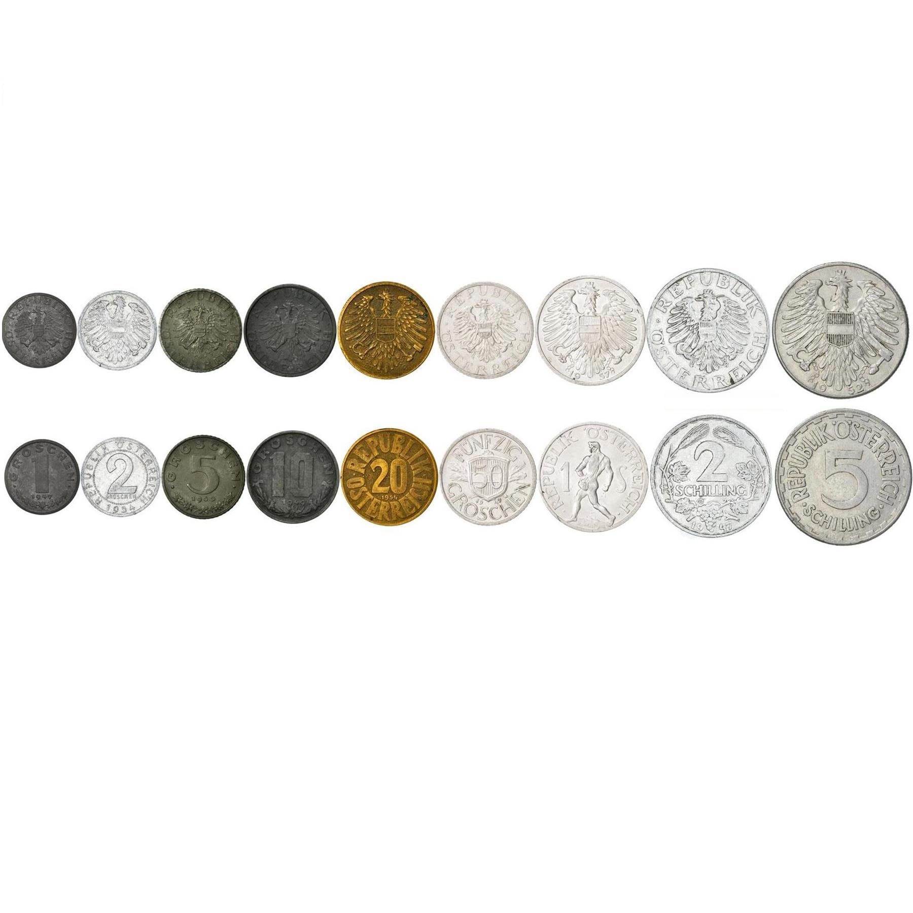 9 Coin Set from Austria | 1 2 5 10 20 50 Groschen 1 2 5 Schilling Coin Set  Collection | Austrian Escutcheon | Sower | Wine Grape | Circulated  1946-1957 : Amazon.ca: Toys & Games