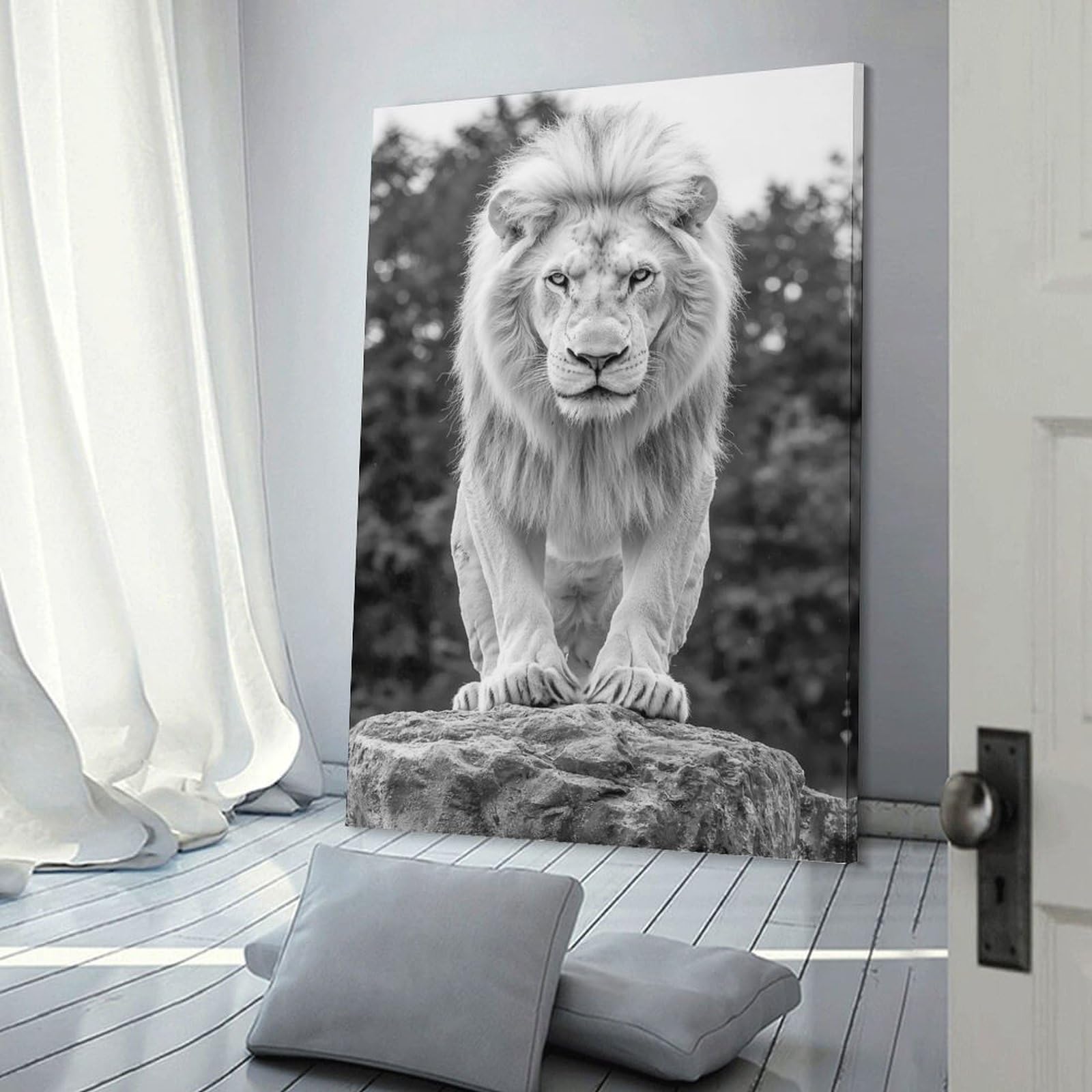 Junmoney Frame-Style-22 White Lion Portrait Canvas Wall Art 20X30inch(50X75cm), For Workspace Walls, Study Corners Or Bedrooms, Wall Art That Adds Style To Work Areas