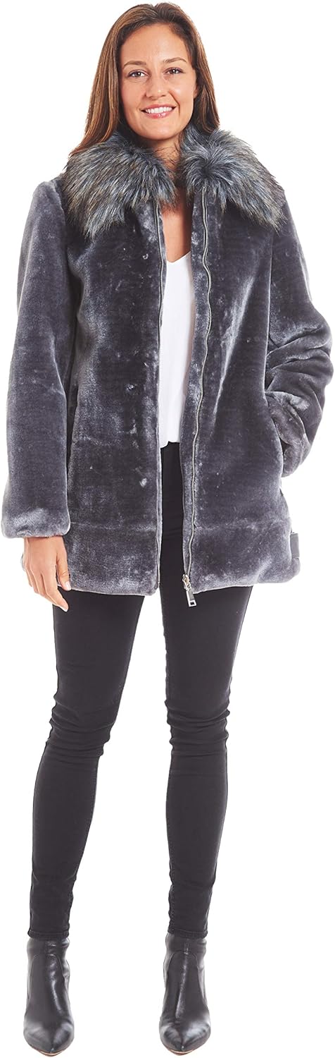 Nine West Womens Zip Front Faux Fur Coat