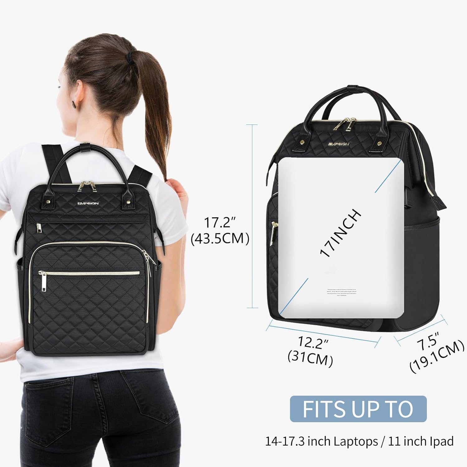 EMPSIGN 17 Inch Laptop Backpack for Women, Work Business Travel Computer College Bags, Large Capacity Water-repellent Quilted Casual Daypack with USB Port, Black - Image 2