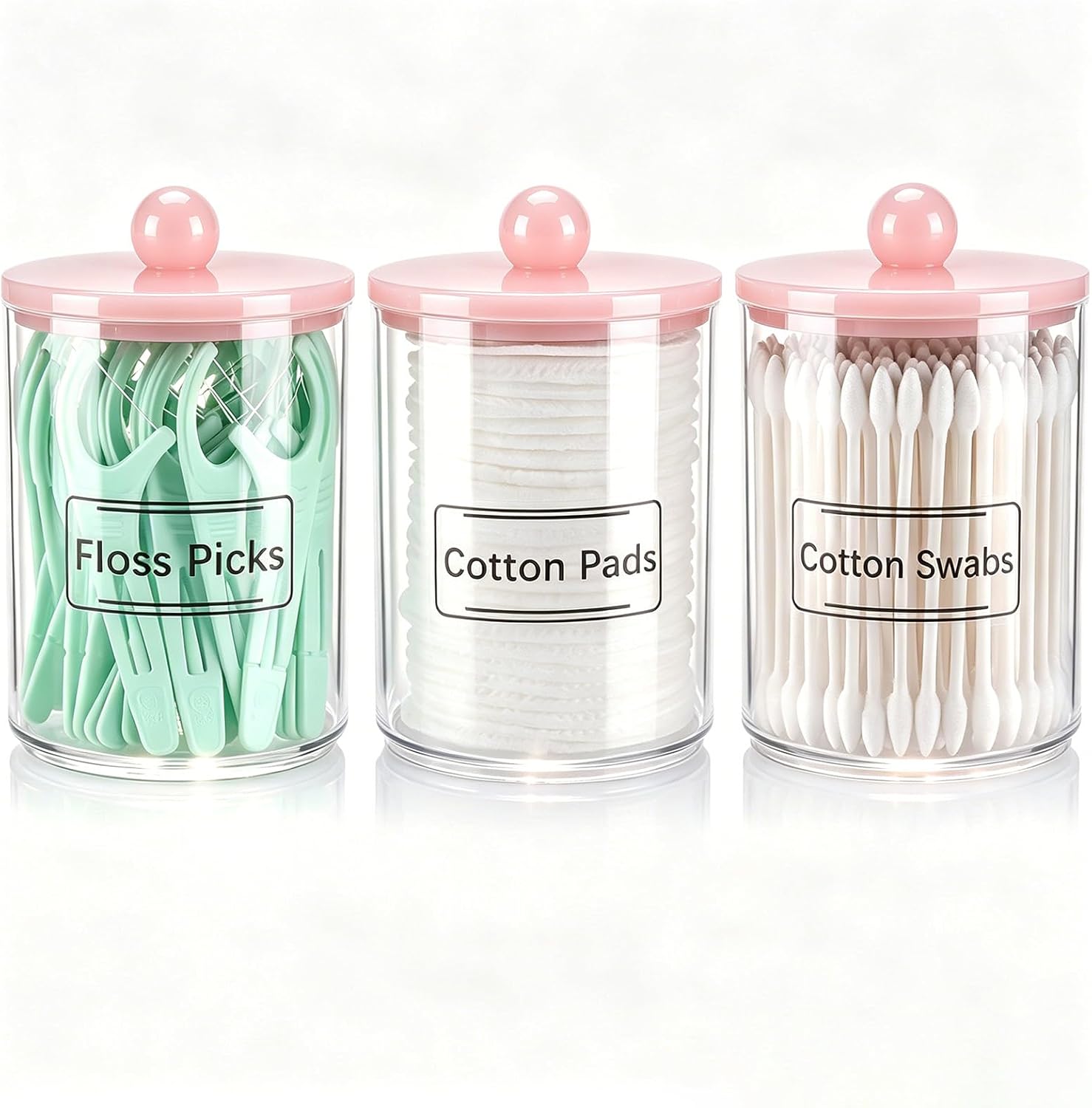 Tbestmax 3 Pack Qtip Holder Bathroom Canisters, 10 oz Cotton Swab Holder Jars for Cotton Ball Storage Dispenzer - Pink Lids