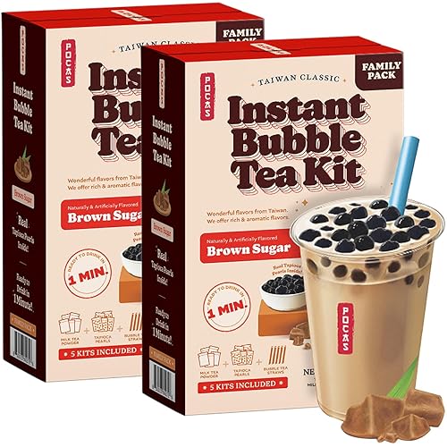 Pocas Bubble Tea Kit, Brown Sugar 2-Pack – Instant Milk Tea Powder with Authentic Tapioca Pearls for Instant Bubble Tea, 10 Kits - Bubble Tea