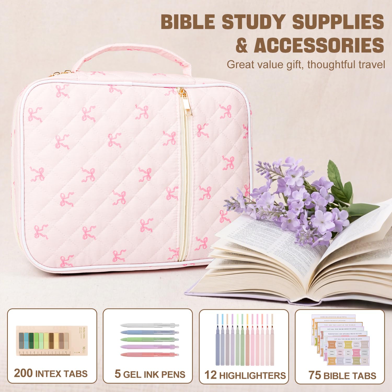 Etui biblijne dla kobiet, duża pikowana torba biblijna z uchwytem, biblia, akcesoria do nauki, chrześcijańskie prezenty dla kobiet (bawełniana kokardka, M)