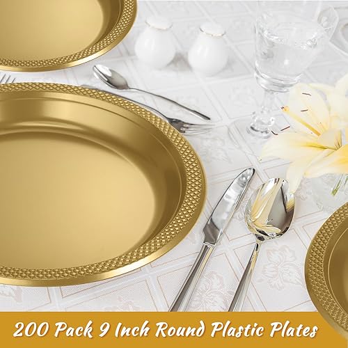 Miniatura 3 de Zopeal 200 platos dorados desechables de plástico redondos de 9 pulgadas, resistentes a granel, paquete de fiesta de boda para postre aperitivo,