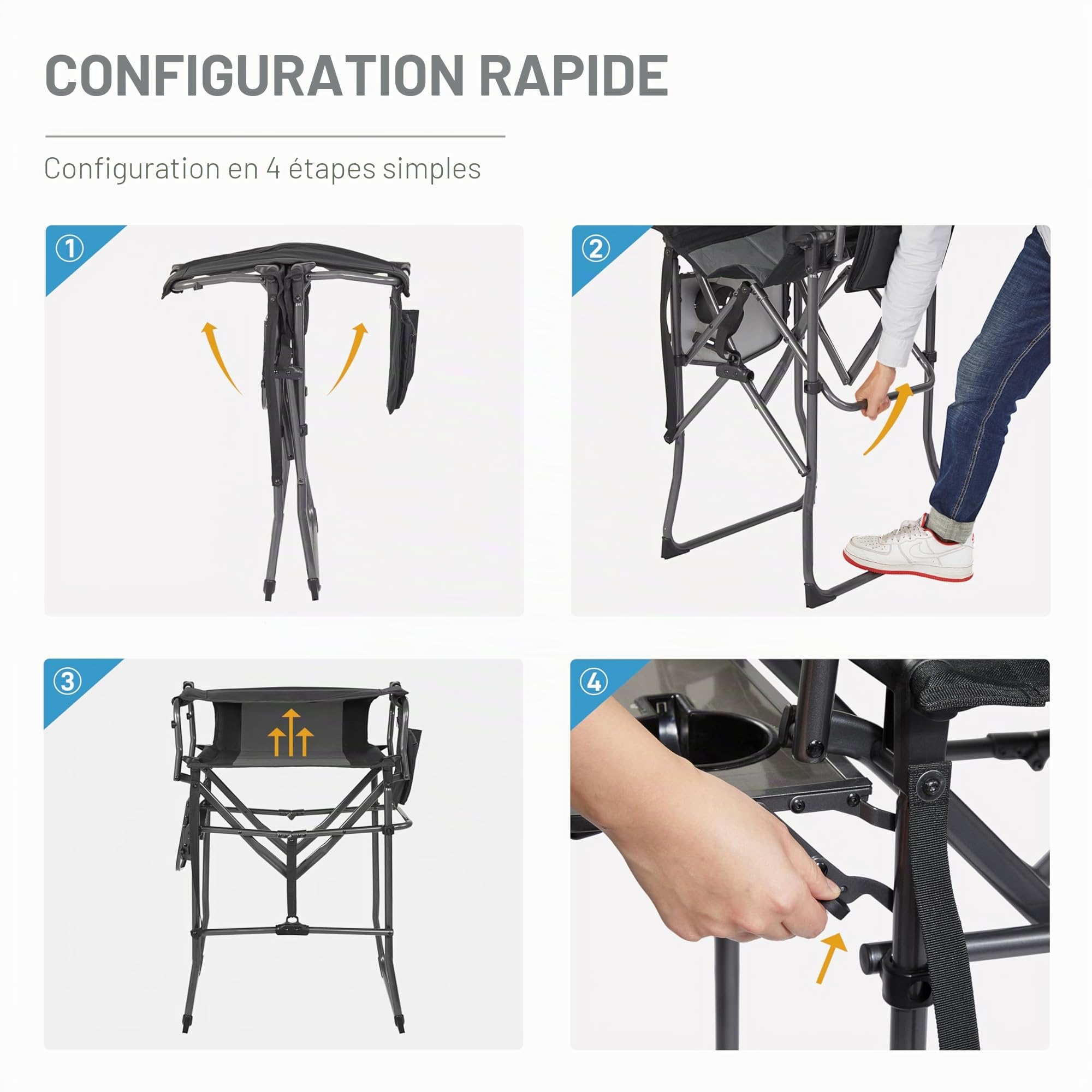 EVER ADVANCED Chaise de Camping Pliante, Hauteur d'assise 78CM, Chaise de Directeur Pliable, Tabouret de Bar Pliable avec Table latérale pour maquilleur, événement Sportif, supporte 160KG Noir