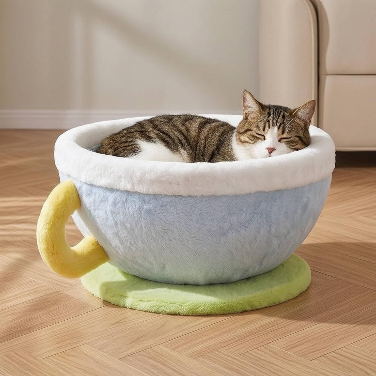 kowaku Griffoir Lit Tasse Corbeille Bol Confort Grattoir Texturé Moelleux en Peluche et Sisal Facile à Déplacer Adapté au, 40 40 21cm, Tasse À Café Bleue - Échelle en Corde Enroulée