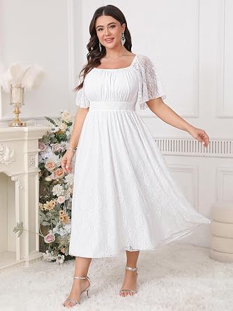 SHESTARR Women's Plus Size Wedding Guest Dress Lace Square Neck Short Sleeve Flowy A Line Formal Maxi Dresses