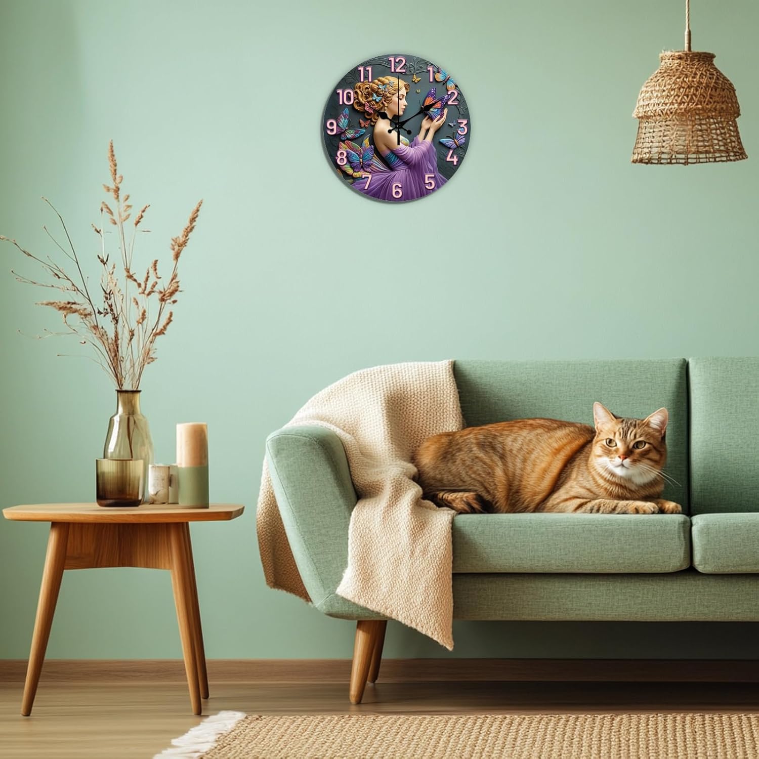 CHGCRAFT 3D Relief Butterfly Girl Pattern Wall Clock 12 Inch Non-Ticking Clocks Round Wall Hanging Clock Battery Operated for Bedroom Living Room Kitchen Office