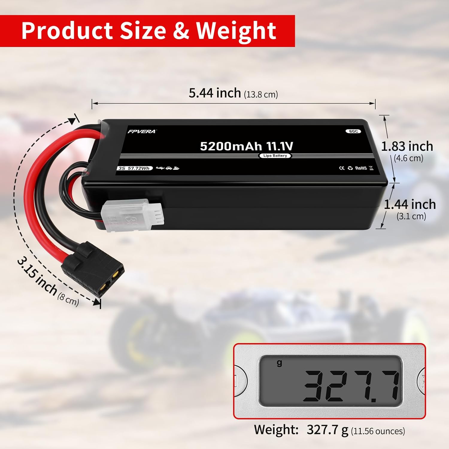 FPVERA 11.1V 3S LiPo Battery 5200mAh 80C with TR Plug for RC Car RC Truck Airplane Helicopter Boat Racing Car(2 Packs)