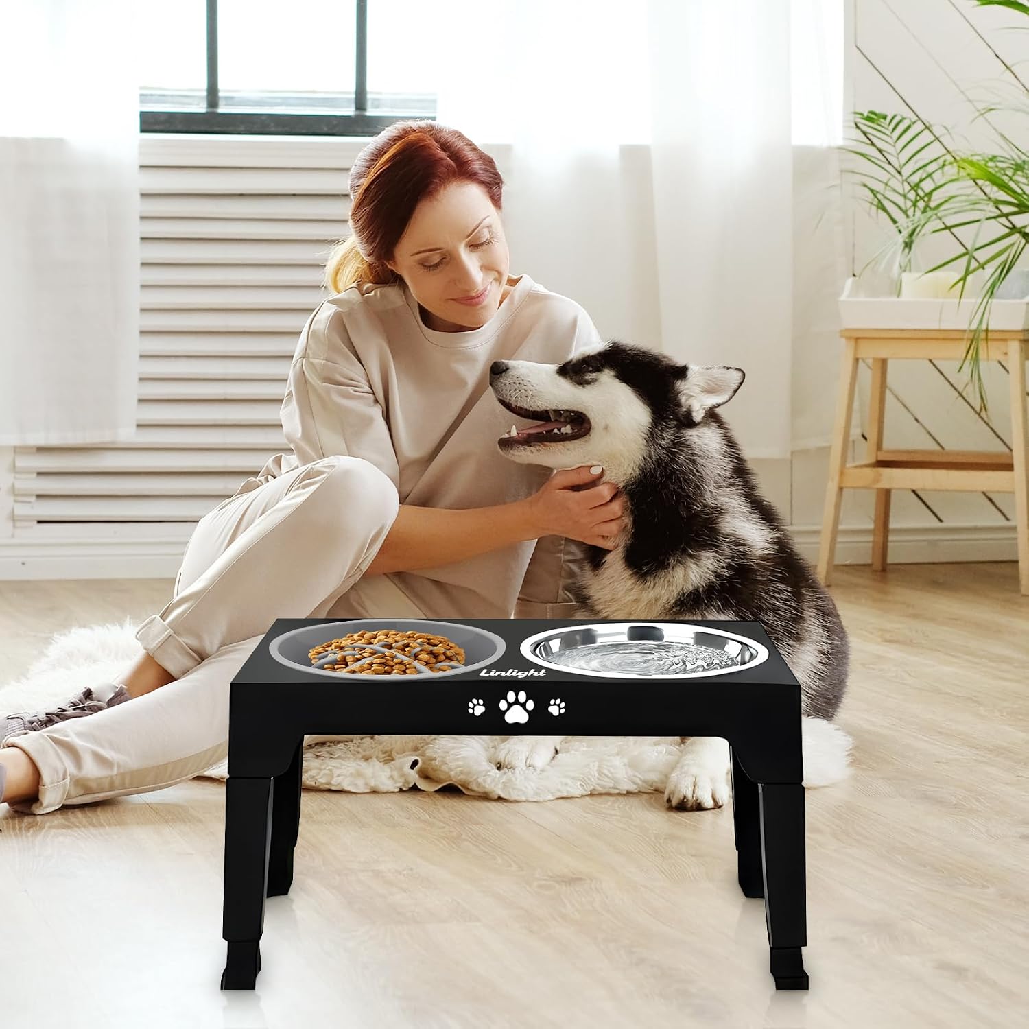Comedouro Elevado Duplo para Cães Pet Altura Ajustável 3 Potes C/1 Lento e 2 Inox Cor Preto
