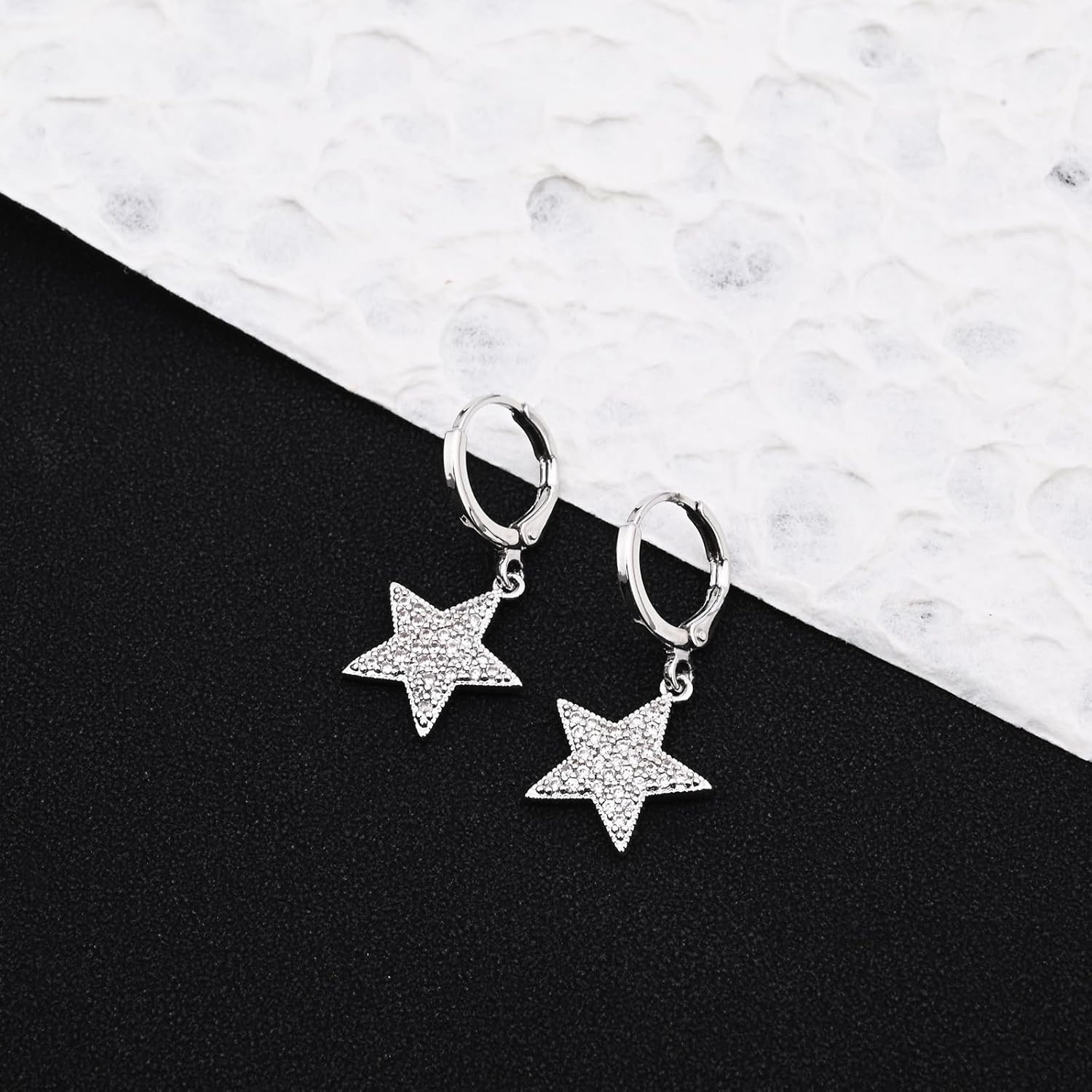 925 Sterling Silver/Gold Star Rhinestone Hoop Dangle Earrings for Women - Image 4