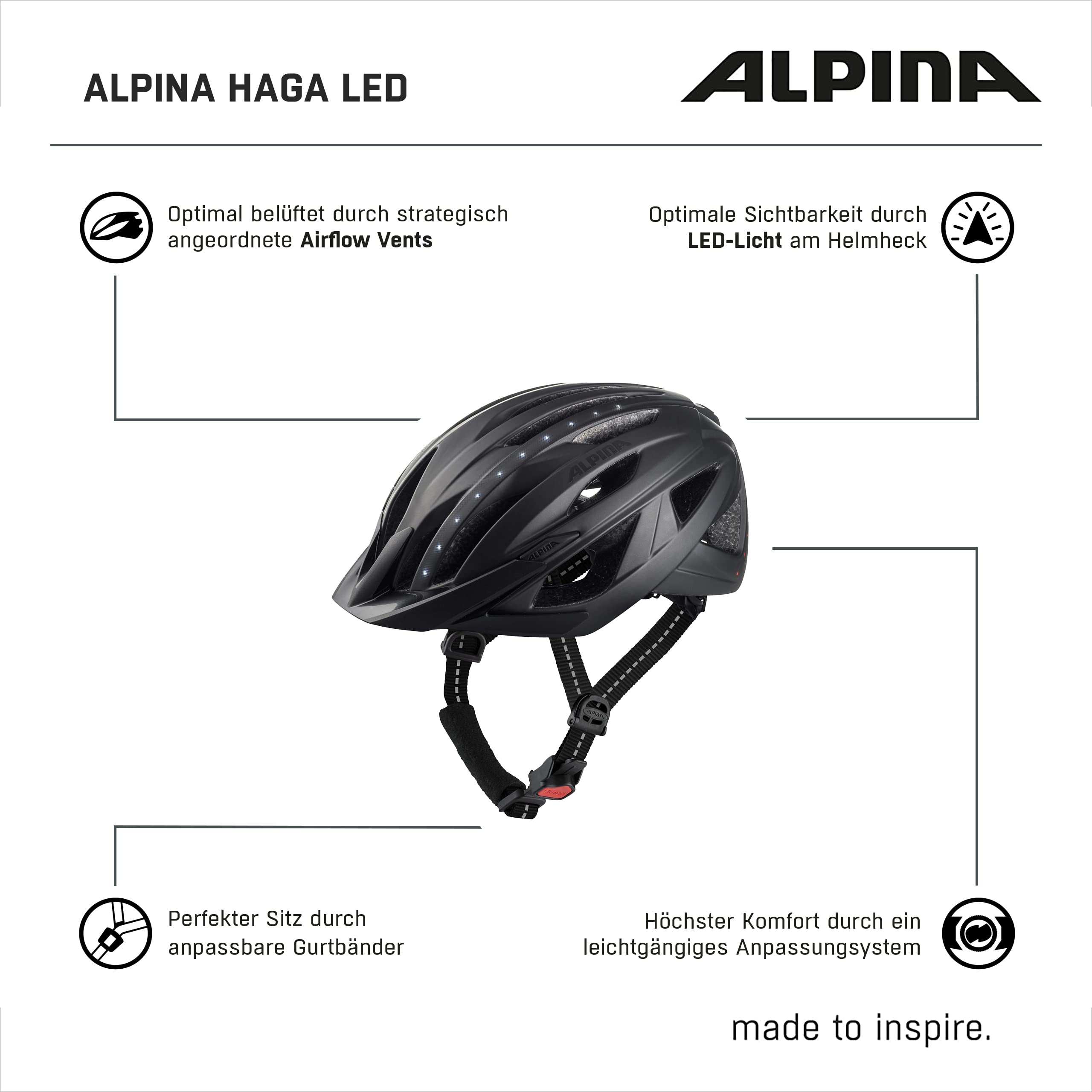 Alpina Haga Led City-Fahrradhelm, Black matt, 51-56 cm | inkl. LED-Licht - individuelle Größenanpassung - leichte Inmold-Bauweise