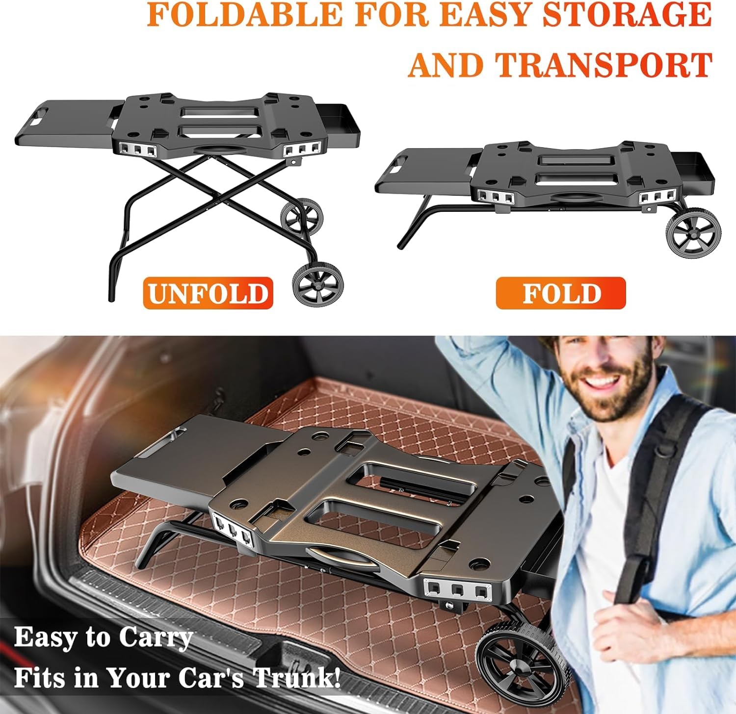 Carro de barbacoa portátil para Ninja Woodfire OG700, OG701, 10697/10724, 57 cm, Blackstone, Traeger Ranger, con soporte plegable, bandeja y cesta