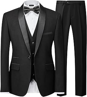 Mens 3 Piece Suit Set, One Button Shawl Lapel Tuxedo, Slim Fit Dinner Jacket Vest Pants & Tie, for Party Wedding Proms