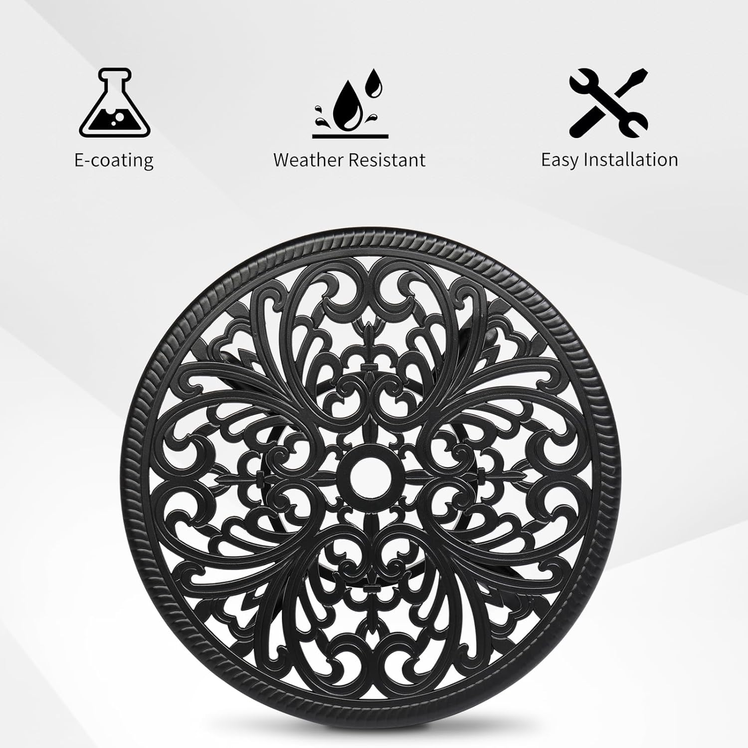 Phoenix Cast Aluminum Round Bar Dining Table, Retro Patio End Table Side Table with 2” Umbrella Hole, Cast Aluminum Cocktail Table, Outdoor Bar Table (Black)