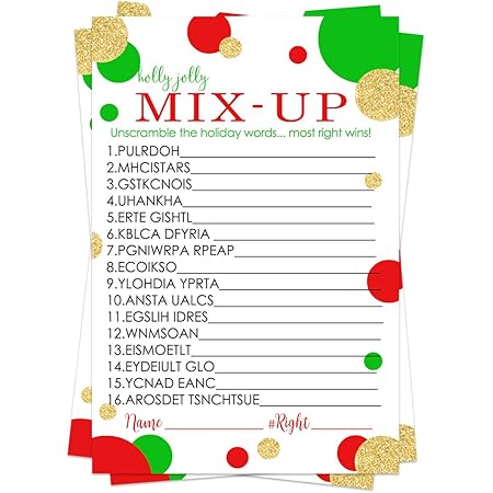 Amazon Com Christmas Word Scramble Game 25 Cards Holiday Party Supplies Festive Unscramble Trivia Winter Family Events Groups Adults Kids Red Green Gold Office Products