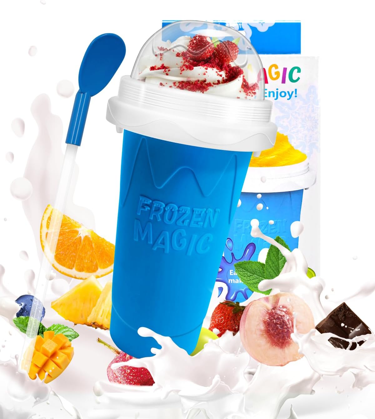 Slushy Maker, DIY Magic Slushy Maker Squeeze Cup, Portable Smoothie Squeeze for Juices, Milk and Ice Cream Make, Double Layers Silica Cup with Lid & Straw for Kids, Friends, Family (Blue)