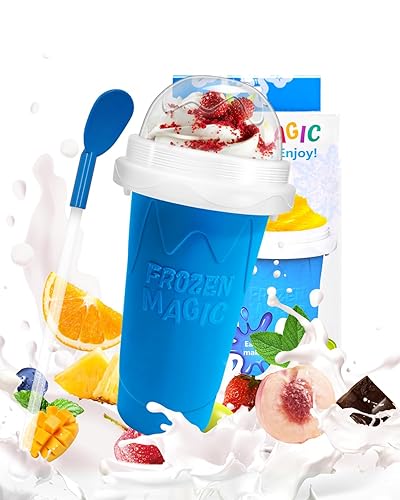 Slushy Maker, DIY Magic Slushy Maker Squeeze Cup, Portable Smoothie Squeeze for Juices, Milk and Ice Cream Make, Double Layers Silica Cup with Lid & Straw for Kids, Friends, Family (Blue) - Silicone