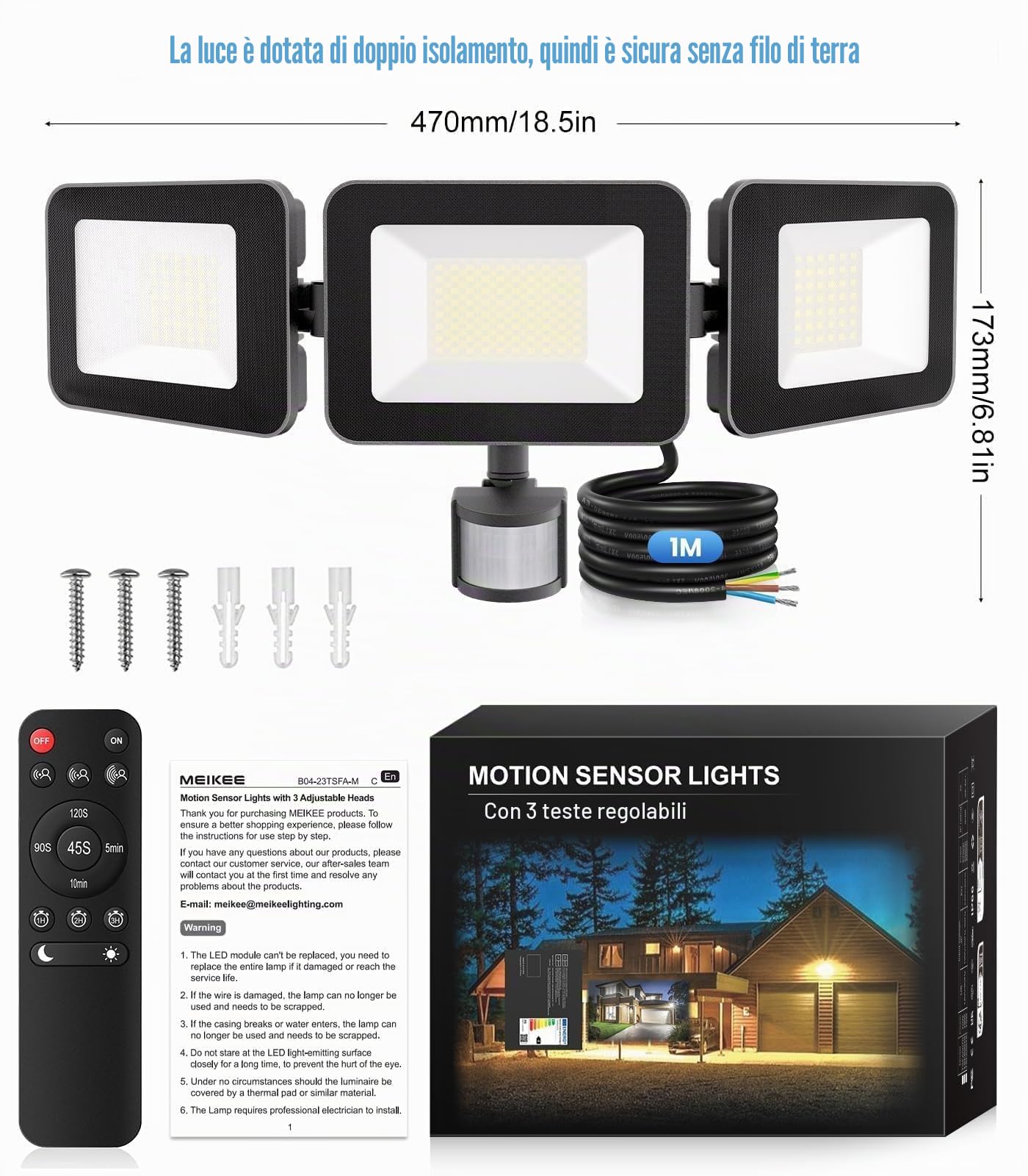 MEIHUA 100W Faretto Con Sensore Di Movimento 9600LM 6500K Bianca Fredda | IP66 Impermeabile Faretti Led Con Telecomando 3 Teste 270° 4 Modalità Timer Faro LED Esterna Per Giardino Cortile Garage