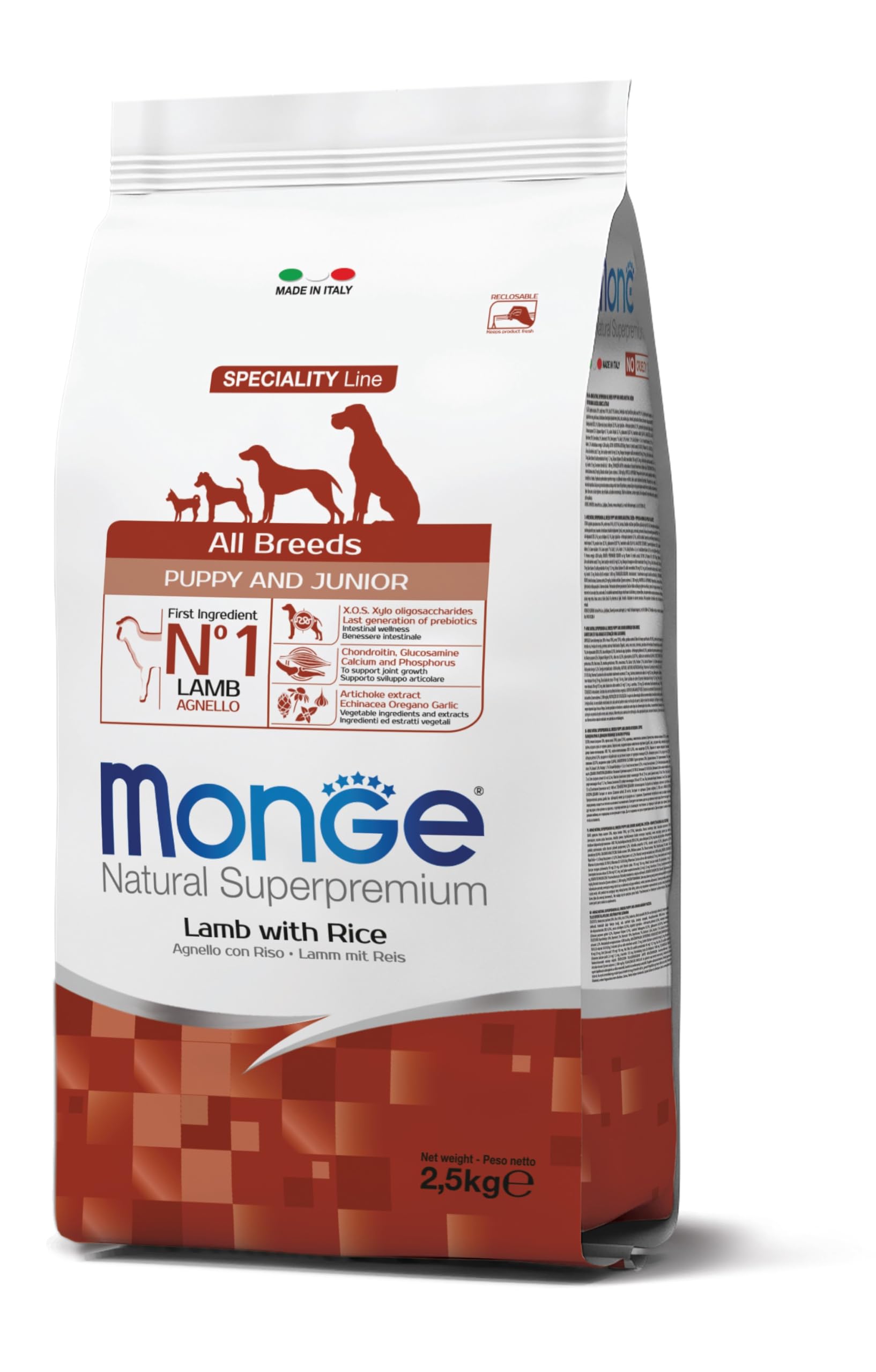 Monge Natural Superpremium Puppy And Junior Lamb And Rice, Cibo per Cani per Tutte Le Razze (Cibo per Cuccioli, Cibo Secco per Cani con Agnello e Riso, Molto Ricco di Fibre e vitamine, 2,​5 kg)