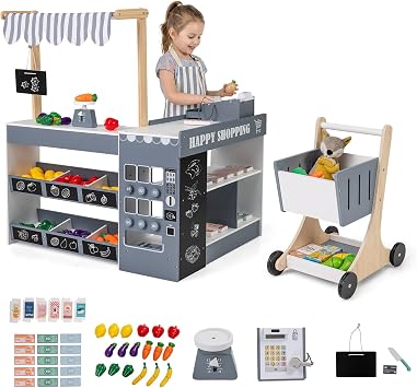 Costzon Kids Grocery Store Playset, Wooden Play Store w/Lights & Sound, Shopping Cart, Blackboards & Cash Register, Toddler Toy Grocery for Boys and Girls Ages 3+ Grey, 35.5" x 31" x 41"