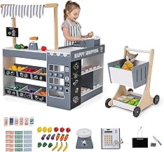 GYMAX Kids Grocery Store, Wooden Role Play Shop with Shopping Cart, Blackboards, Display Shelves and Play Foods, Children Supermarket Playset for 3 Years Old+