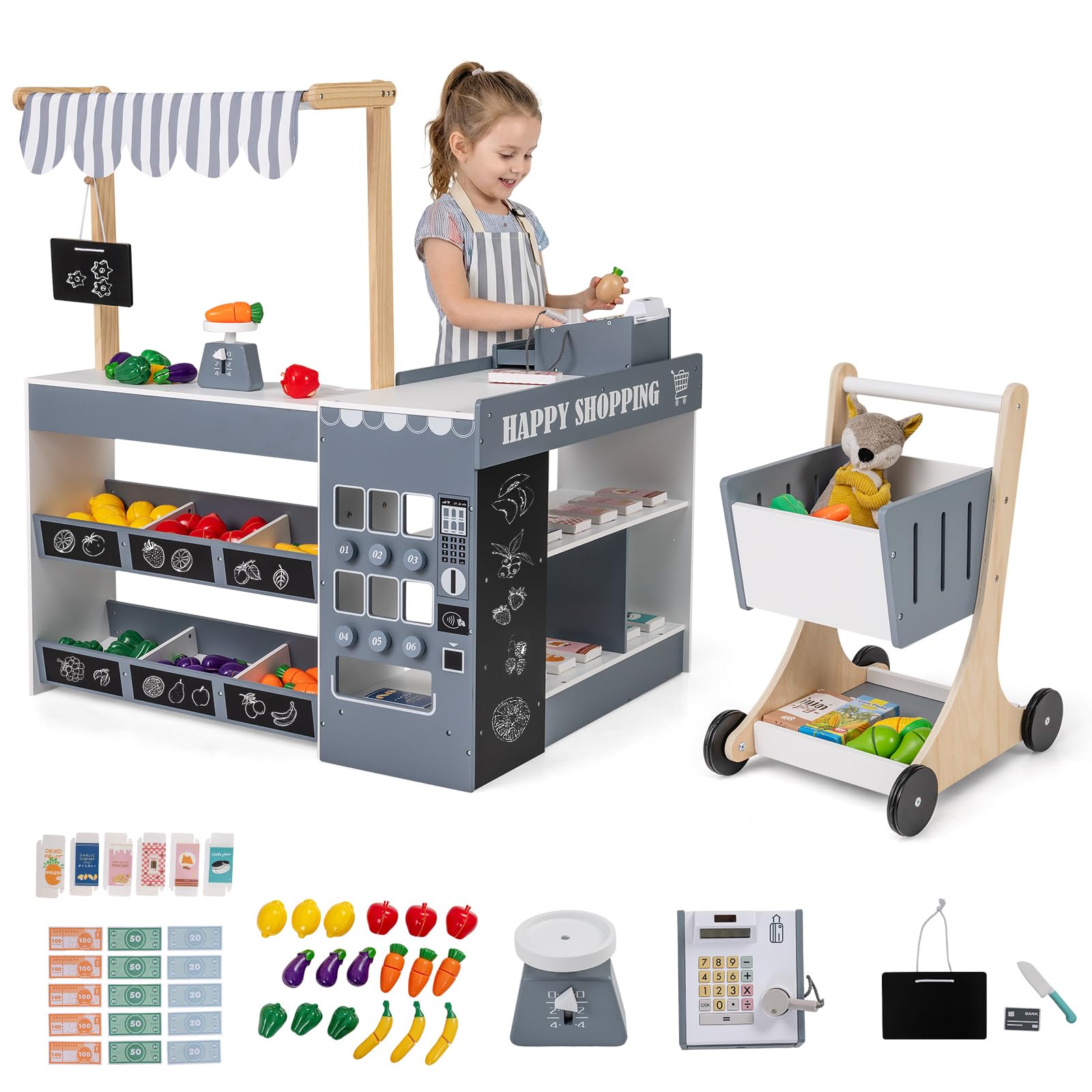 GYMAX Kids Grocery Store, Wooden Role Play Shop with Shopping Cart, Blackboards, Display Shelves and Play Foods, Children Supermarket Playset for 3 Years Old+