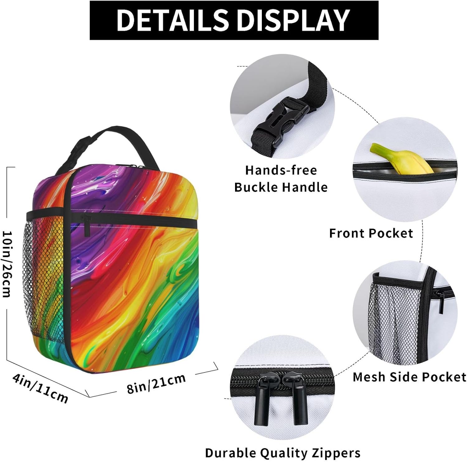 Insulated Lunch Box for Girls Women Kids Rainbow Lunch Bag for Work,Picnic,School,Travel,Hiking, Beach or Fishing Polyester Oil Painting Rainbow Lunch Box - Image 2