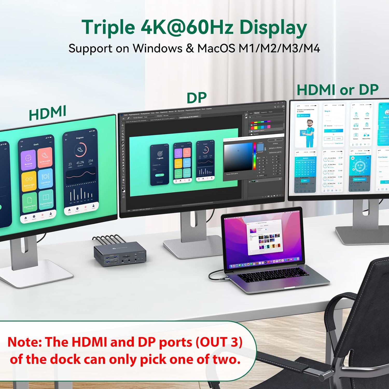 Thunderbolt Docking Station 3 Monitors 4K@60Hz for M1 M2 M3 M4 MacBook Pro/Air with DisplayLink Technology, 19 in 1 USB C Dock with 2 HDMI & 2 DisplayPort, PD 100W, QC 18W, USB 3.2 10 Gbps