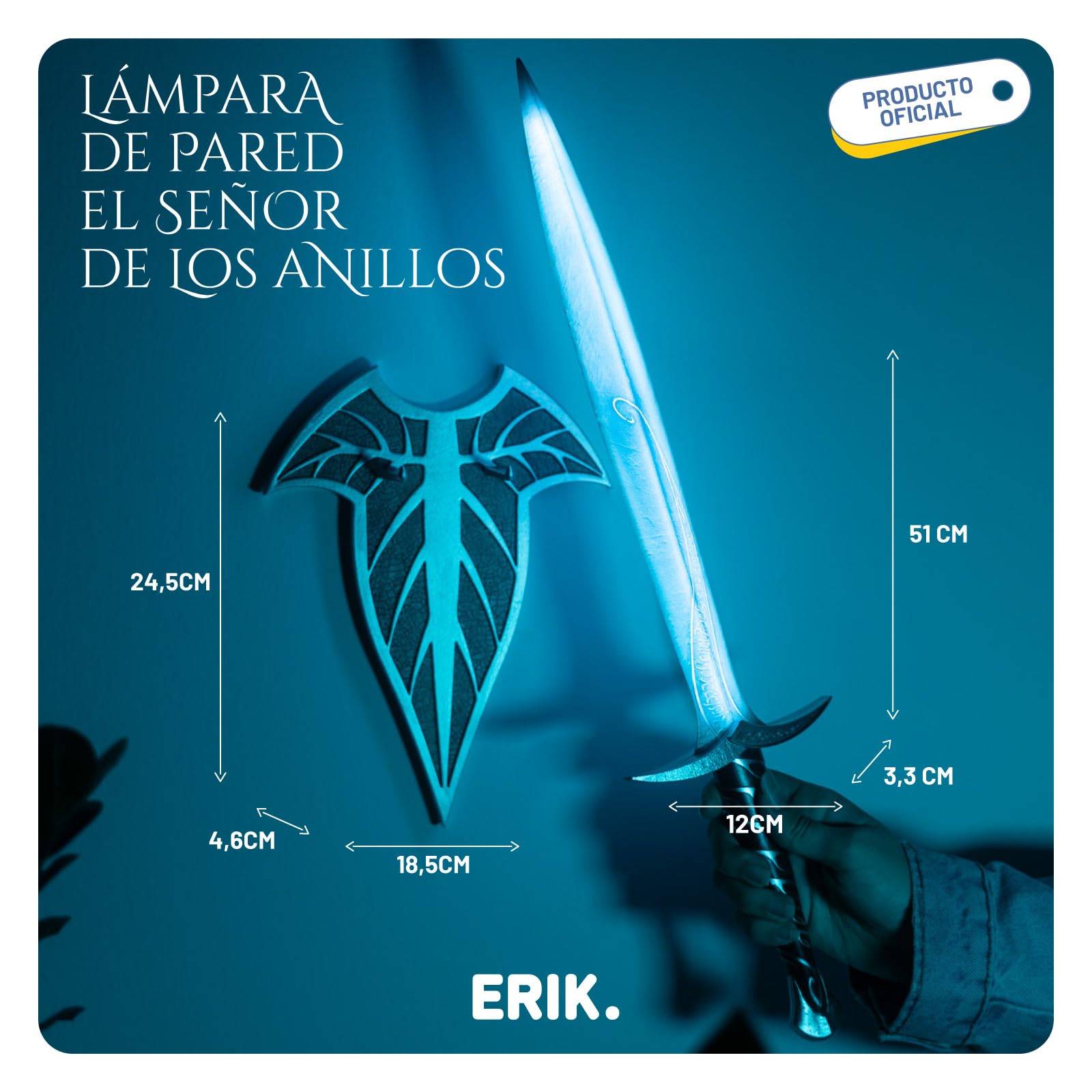 Lampara El Señor de los Anillos Daga Dardo - Lampara pared SIN Cable│ El Señor de los Anillos Regalos - Figura con LUZ ( Bateria Recargable) Lord of the rings Merchandising OFICIAL │ Incluye Anclajes
