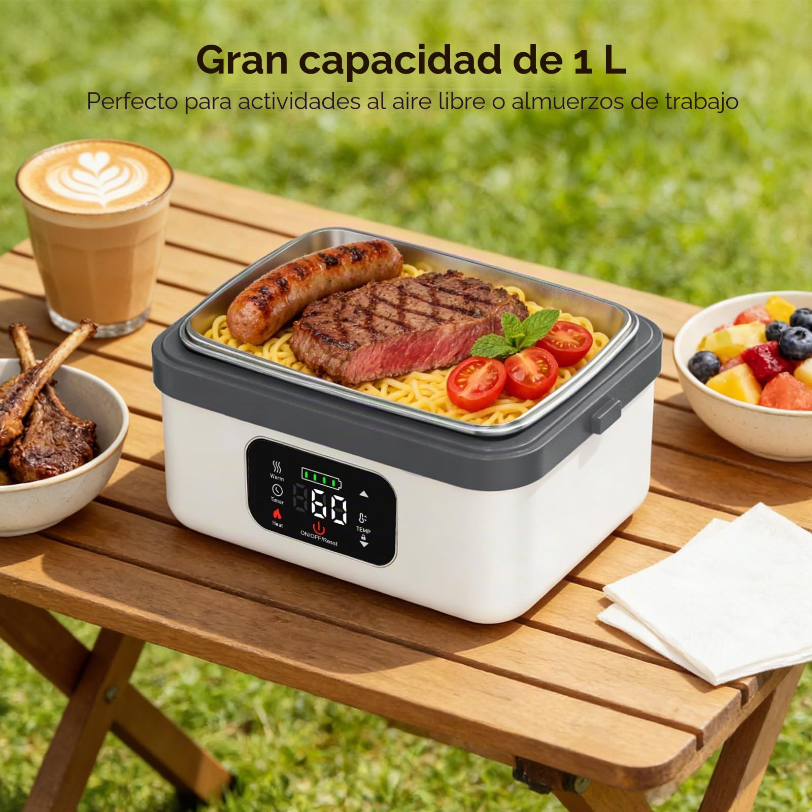 Fiambrera Electrica,Calentador de Comida Portatil 1L para Comida con Pantalla Táctil,Taper Termico Comida Caliente con Vajilla de Acero Inoxidable y Bolsa Aislante para Coche caja calefactora