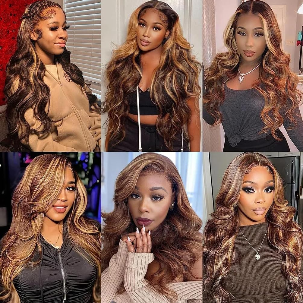 P4/27 Highlight Body Wave Human Hair Bundles 12A Brazilian Virgin Ombre Honey Blonde Human Hair Natural Wave Bundles (16 18 20 inch) for Black Women Double Weft