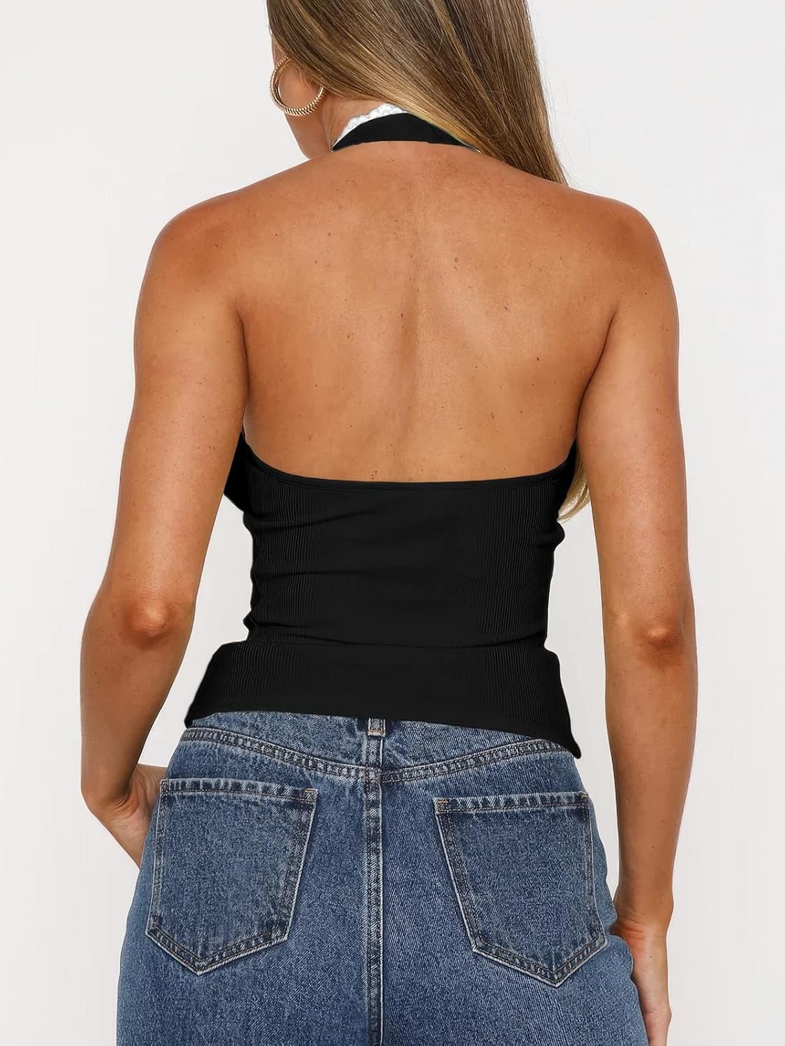 Women's Lace Bow Halter V Neck Backless Tank Tops Cute Summer 2025 Ribbed Going Out Tops - Image 4