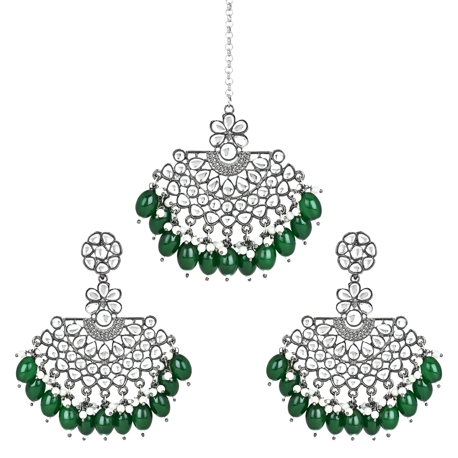 I Jewels Ethnic Stylish Silver Oxidised Kundan Pearl Chandbali Earrings With Maang Tikka Set For Women And Girls (TE3106ZG) (B0CJFZFCB7) Amazon Price History, Amazon Price Tracker