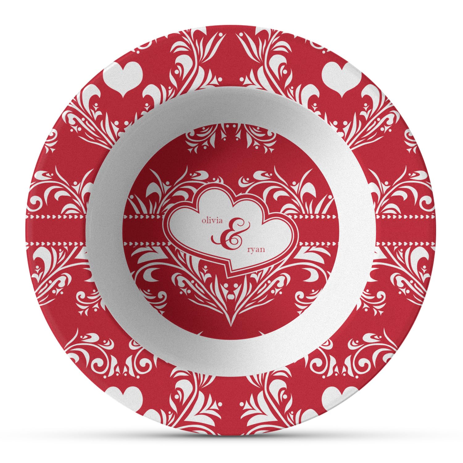 Personalized Heart Damask Plastic Bowl - Microwave Safe - Composite Polymer