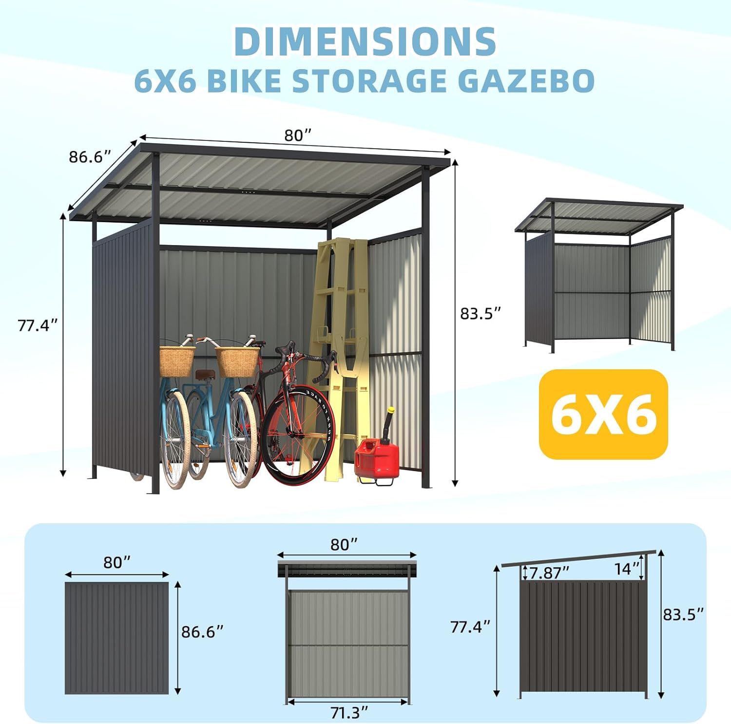 Detailed dimensions of the AECOJOY 6x6 Bike Storage Gazebo.