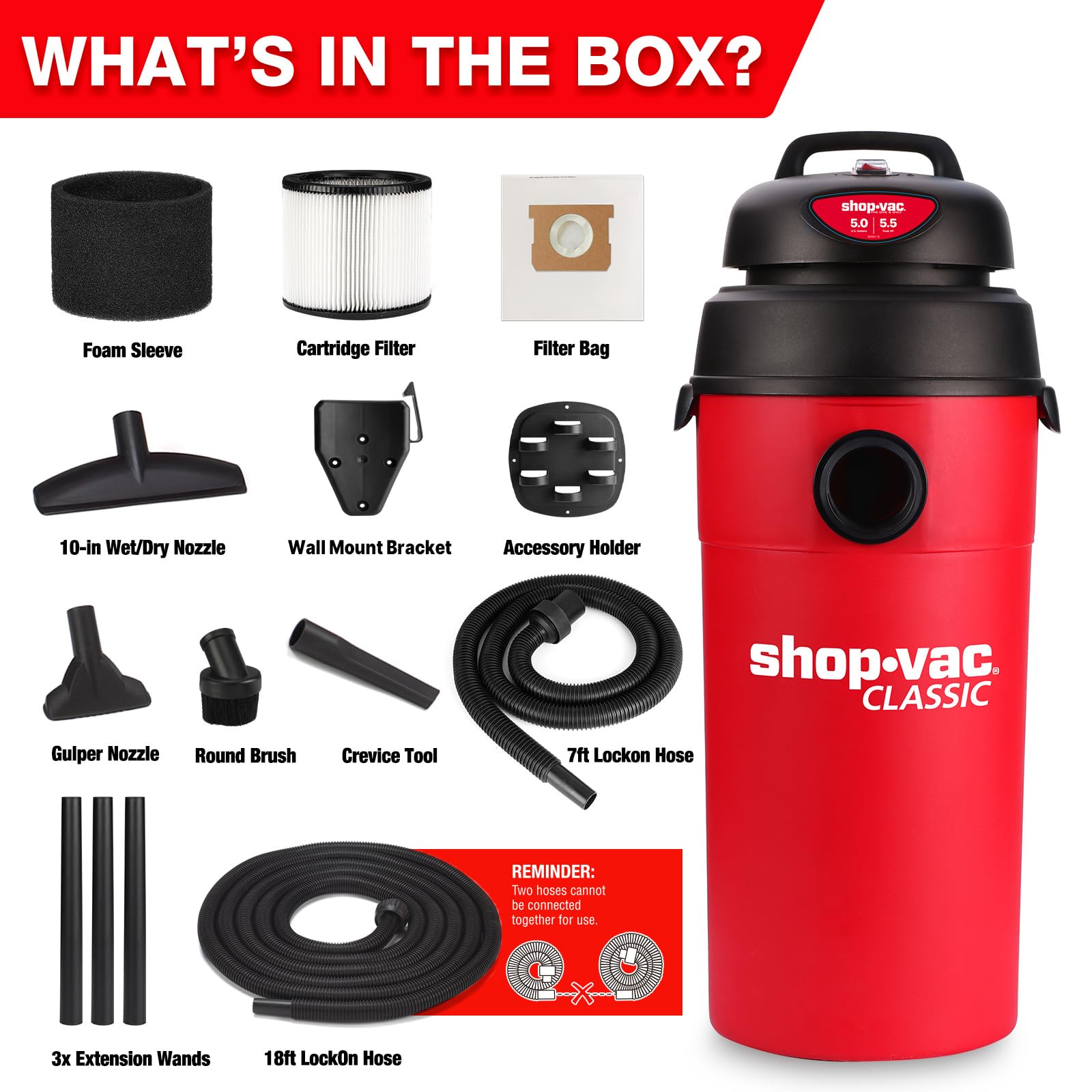 Shop-Vac Aspiradora en húmedo y seco de 5 galones de 5.5 picos, montaje en pared compacta con manguera y accesorios extra largos de 6-23 pies, ideal para lugar de trabajo, cochera, coche y taller.