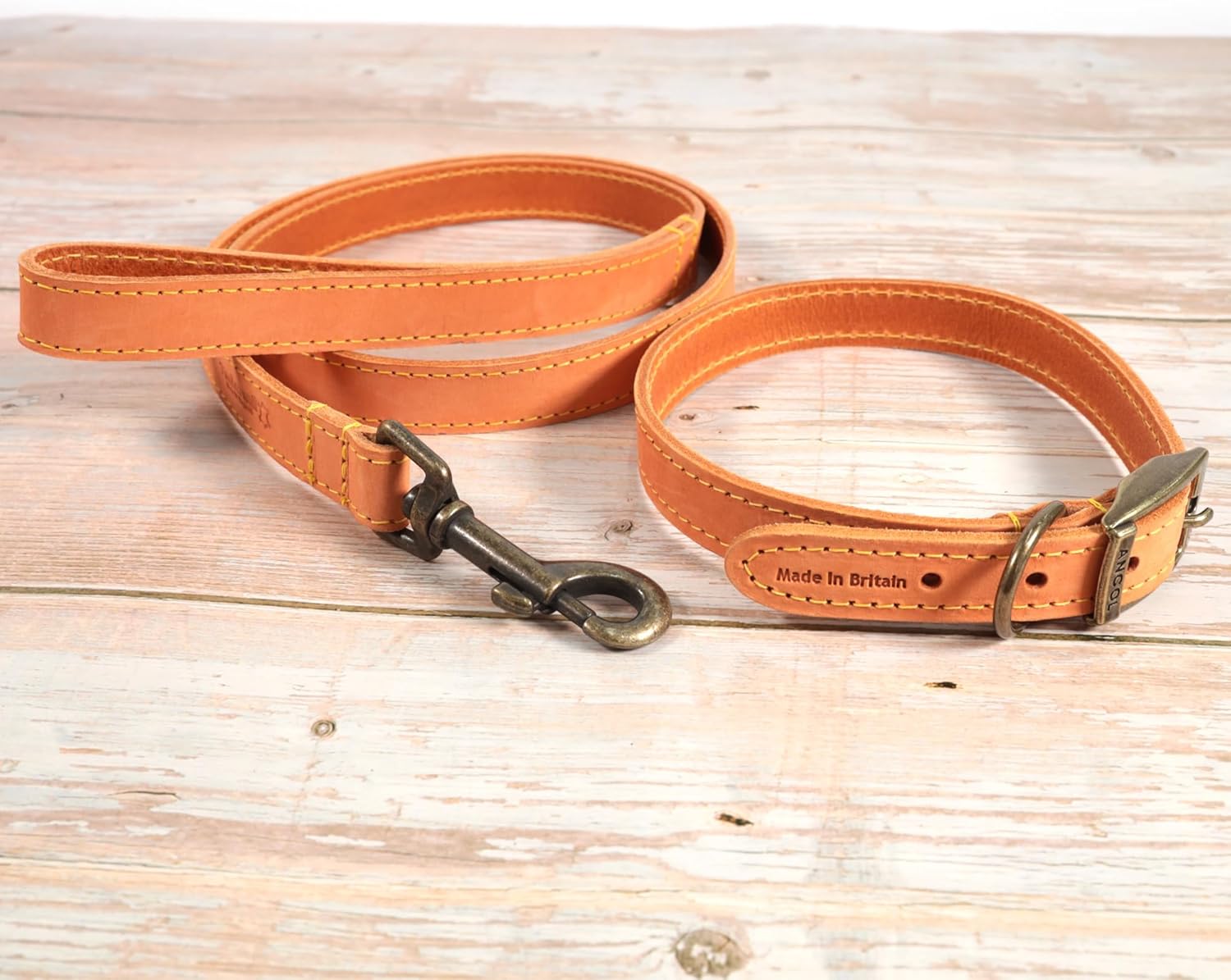 Ancol Timberwolf Leather Lead Leash + Optional Personalized Collar | 1m Long - Tan