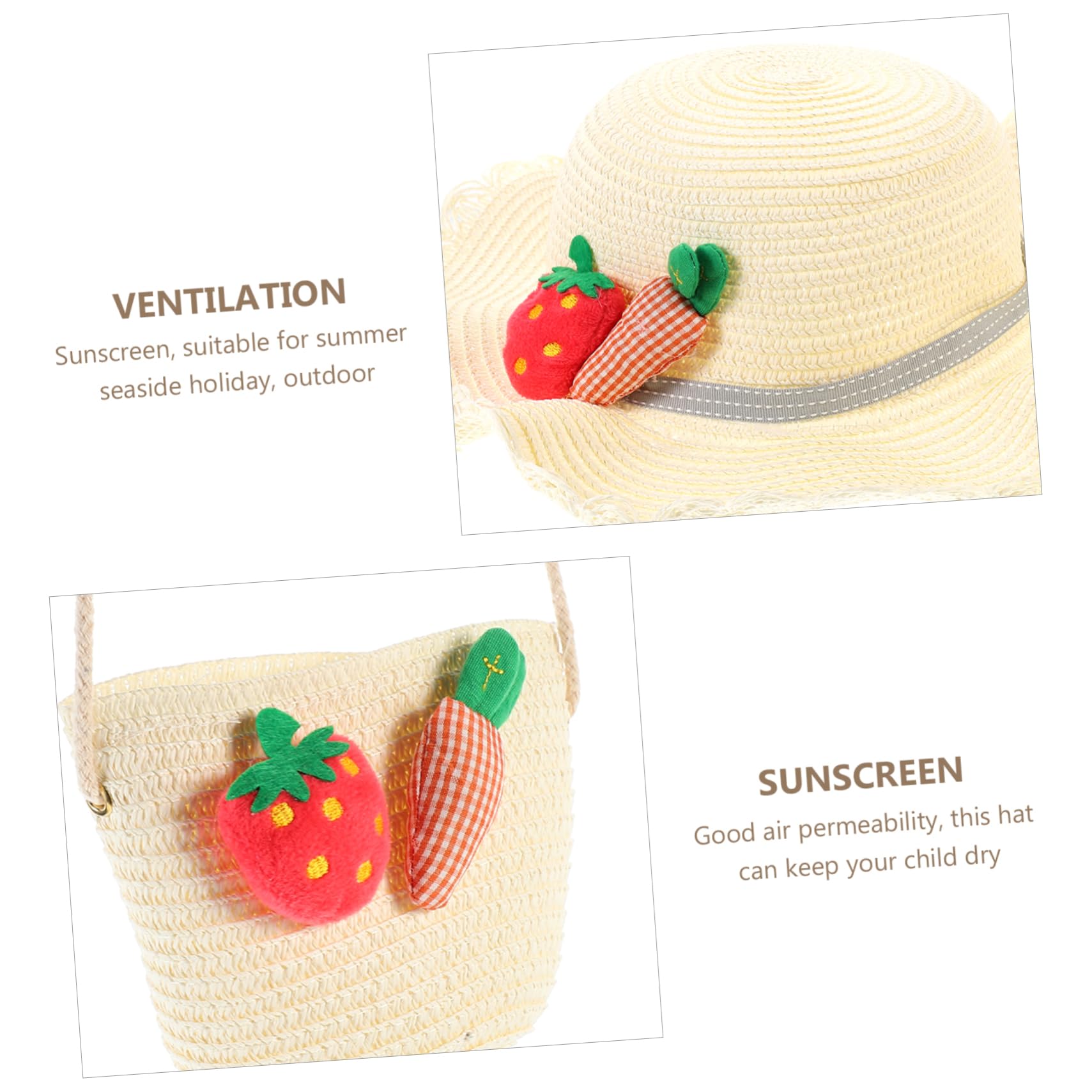 Sombrero de Paja para Niños 1 Set, Paja Beige, Estilo Lovely | Bolsa de Paja para Niños, Decoraciones de Zanahoria y Fresa, Celebracion Verano, para Viajar y Trabajar
