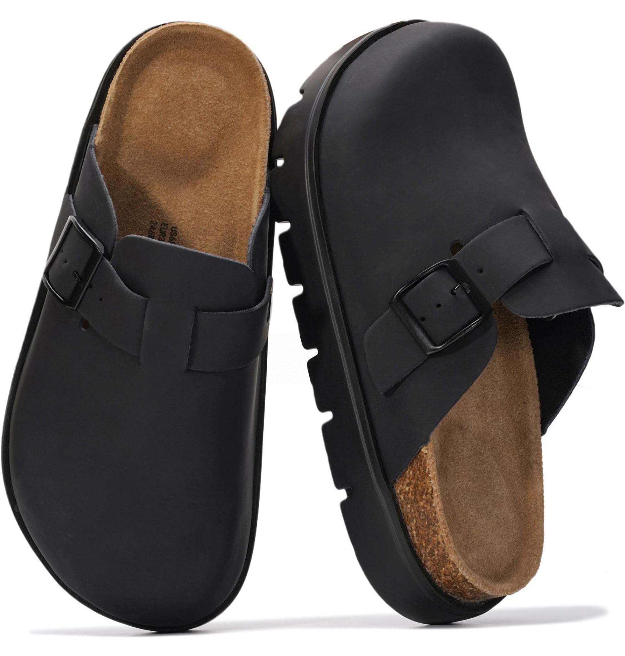 Project Cloud 100% Genuine Leather Platform Clogs for Women Footwear - Memory Foam Arch Support Cork Footbed Casual Shoes & Mules for Women 2025 (BentonChunky, BLKLEAMONO,9)