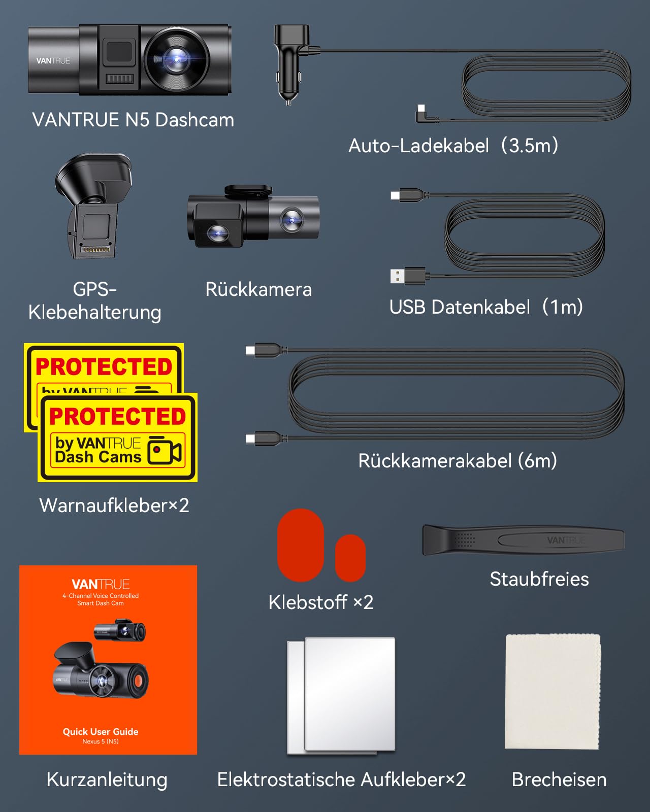 VANTRUE N5 4-Kanal 2.7K STARVIS 2 Dashcam Auto 1944P+ 3 Lens 1080P, 5.8GHz WiFi, IMX675 HDR Nachtsicht, 24H Parkmodus, Sprachbefehle, Max 1TB