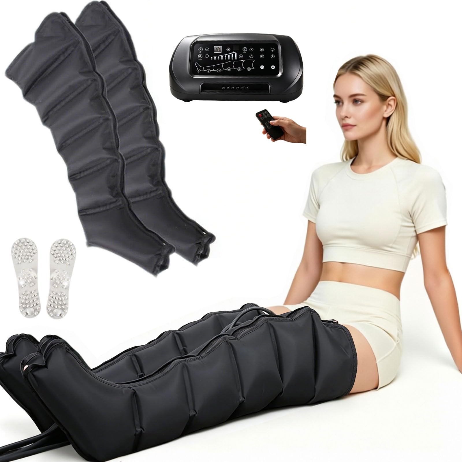 Massaggiatore per Gambe a 6 Camere d'Aria, Pressoterapia Linfodrenaggio, Pantaloni Pressoterapia con Telecomando, Timer 0-60 Min e Pressione 0-240 mmHg per Gambe, Regali per Uomini