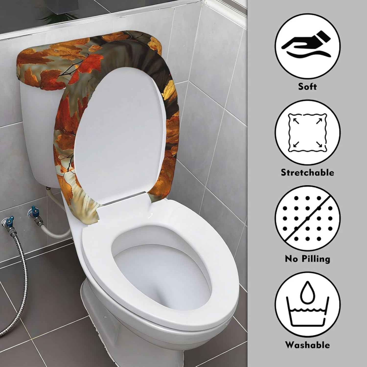 Golden Leaves Toilet Tank Cover And Toilet Lid Cover Set Stretch Bathroom Toilet Lid Seat Cover