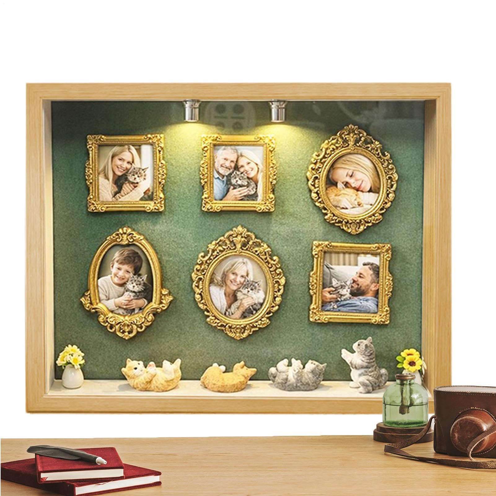 Cadre Shadow Box DIY avec lumière mini boîte ombre et 6 mini cadres photo dorés