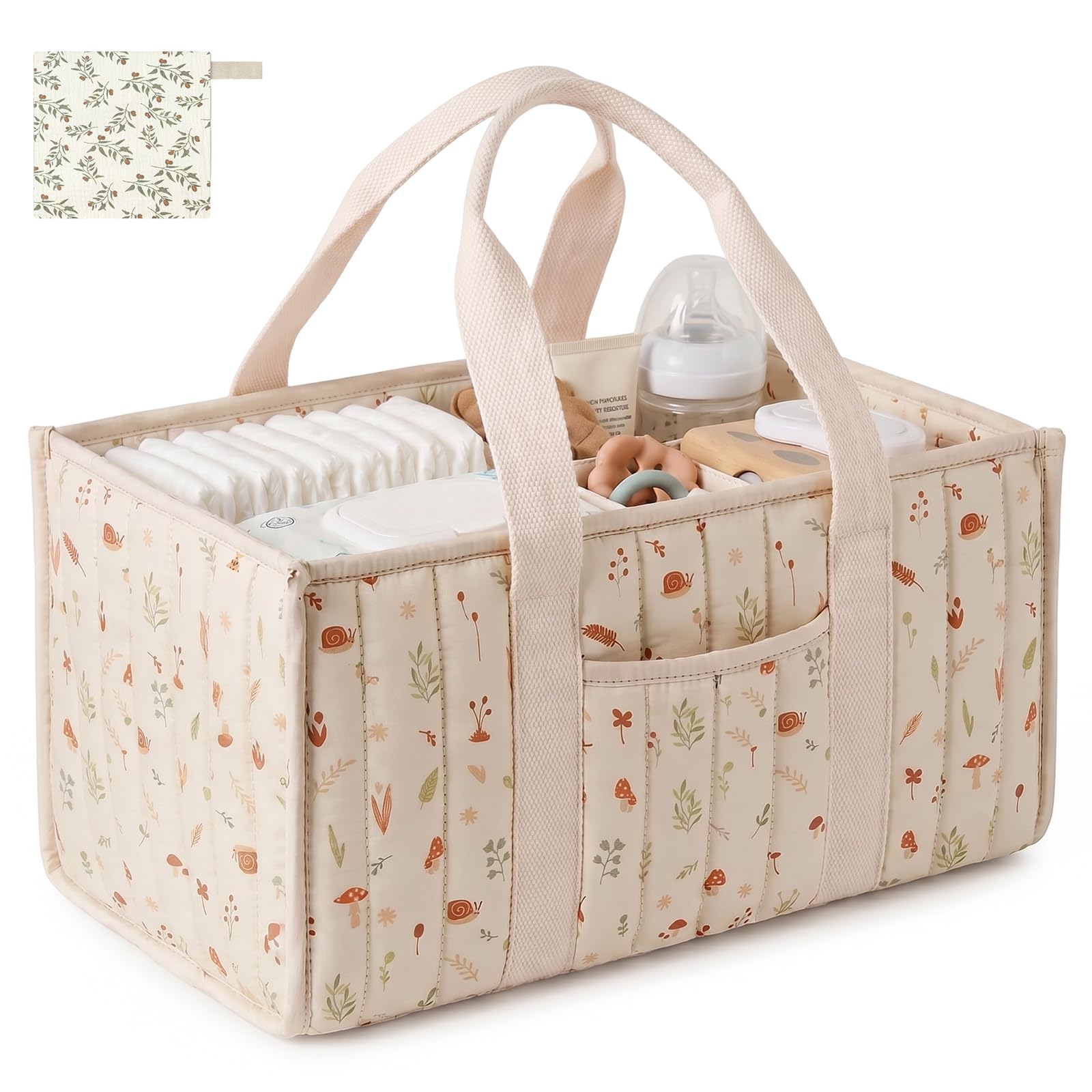 Nappy Caddy Organiser with Muslin Squares, Large Quilted Diaper Caddy for Newborn Essentials, Floral Storage Basket for Changing Table & Car, Baby Caddy Shower Gift Neutral Colours for Boys & Girls