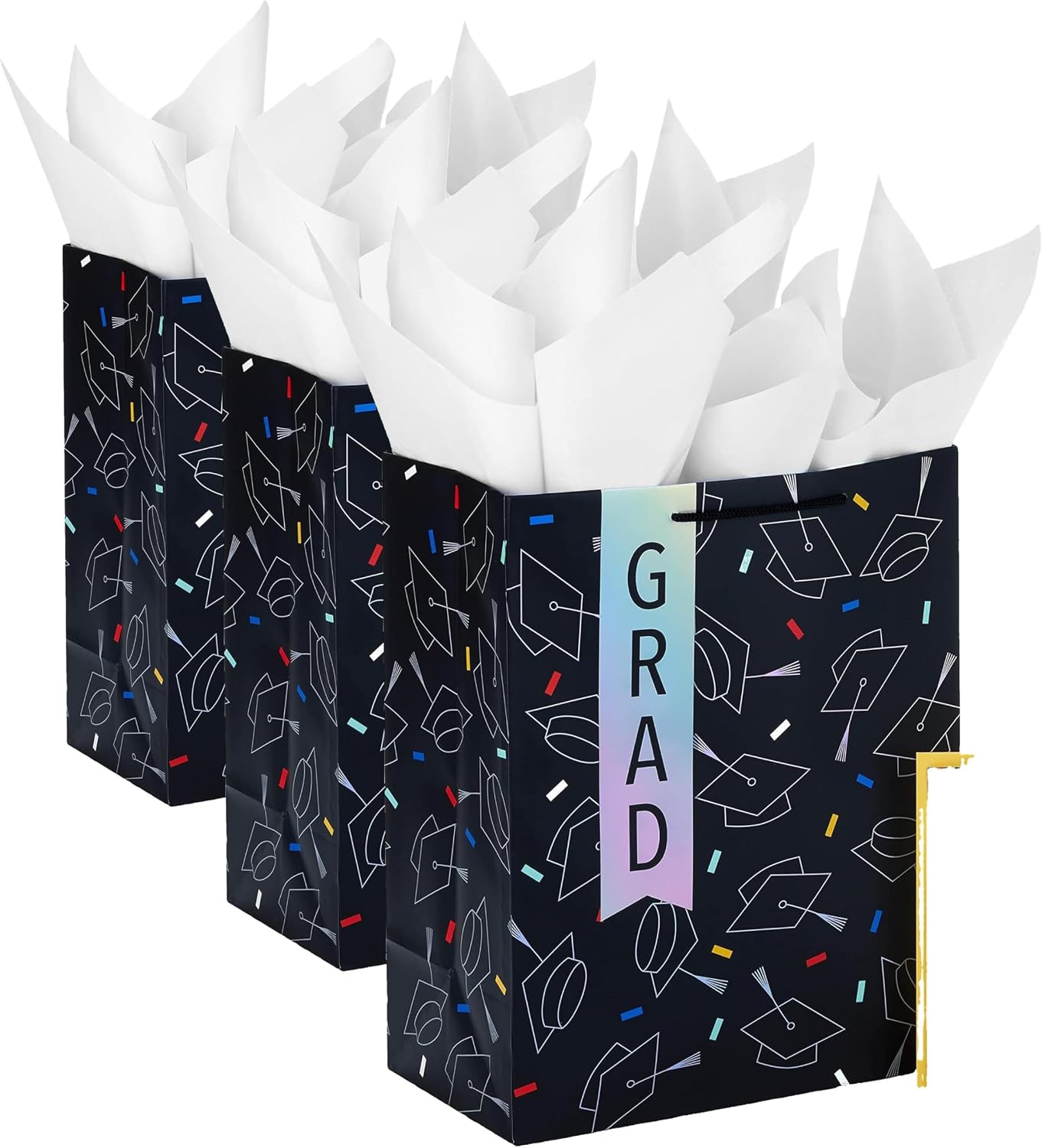 Hallmark 13" Large Graduation Gift Bag with Greeting Card and Tissue Paper (Black, Red, Blue, Holographic) for High School, College, Law School, Nursing, Kindergarten (Pack of 3)