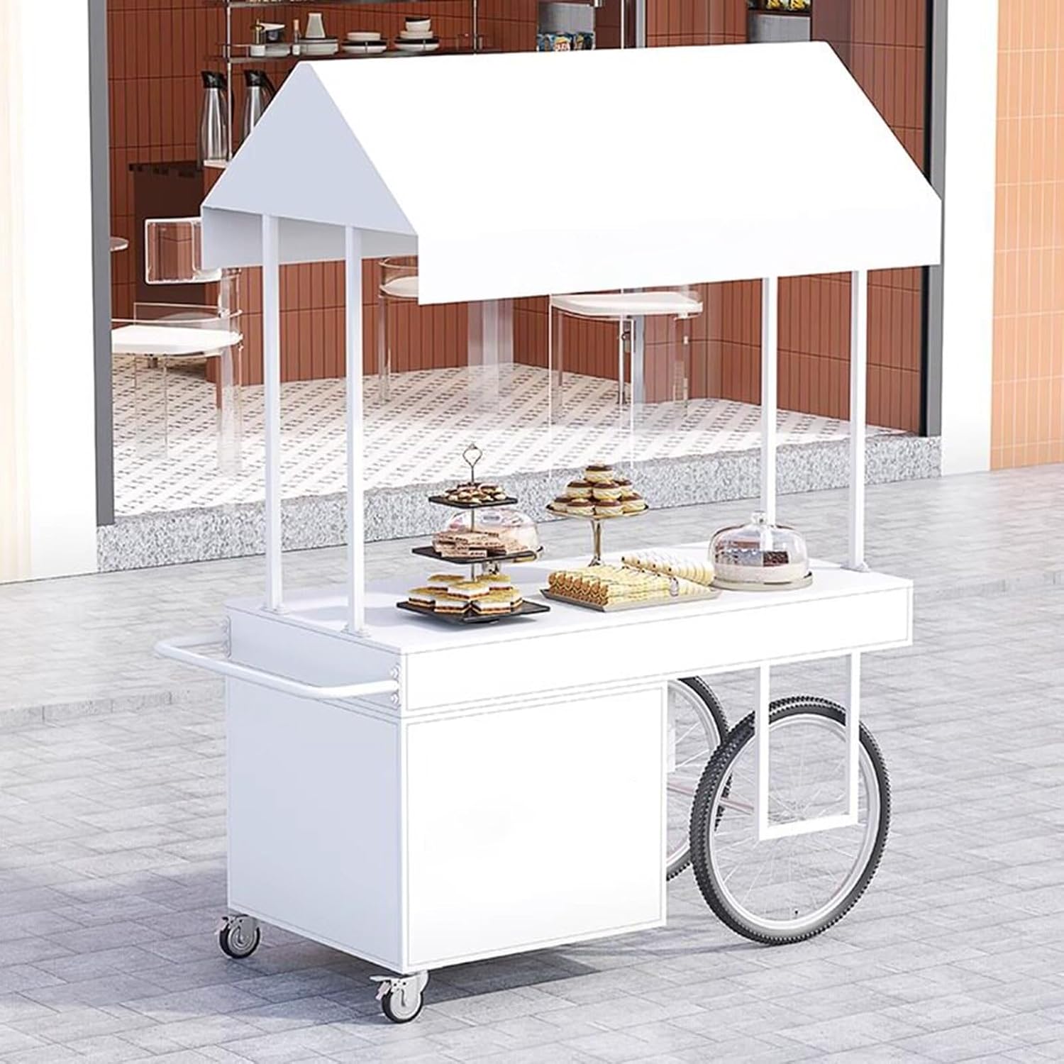 Portable Food Cart with Striped Canopy, Vendor Stand with Storage Box, Mobile Market Stall for Outdoor Events, Street Food, Markets(White,47.2 * 27.6in)