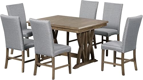 CITYLIGHT Juego de mesa de comedor de 7 piezas, mesa extensible con hojas de 12 pulgadas y 6 sillas tapizadas, juego de comedor rectangular de