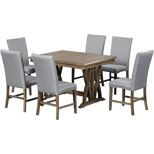 CITYLIGHT 7 Piece Extendable Dining Table Set with 12” Leaf and 6 Upholstered Chairs, Wood Rectangular Dining Set for 6 People (Golden Brown+Gray Cushion)